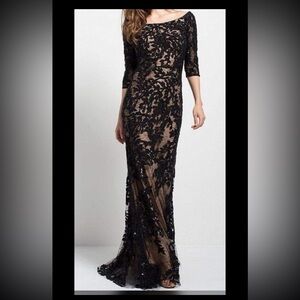 Jovani - Lace Quarter Length Sleeve Bateau Gown 49636 Black/Nude size 16